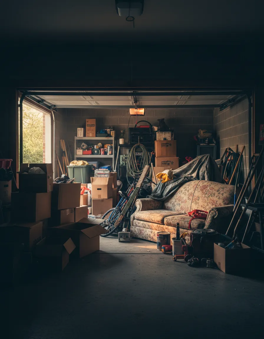 Cluttered residential garage needing cleanout