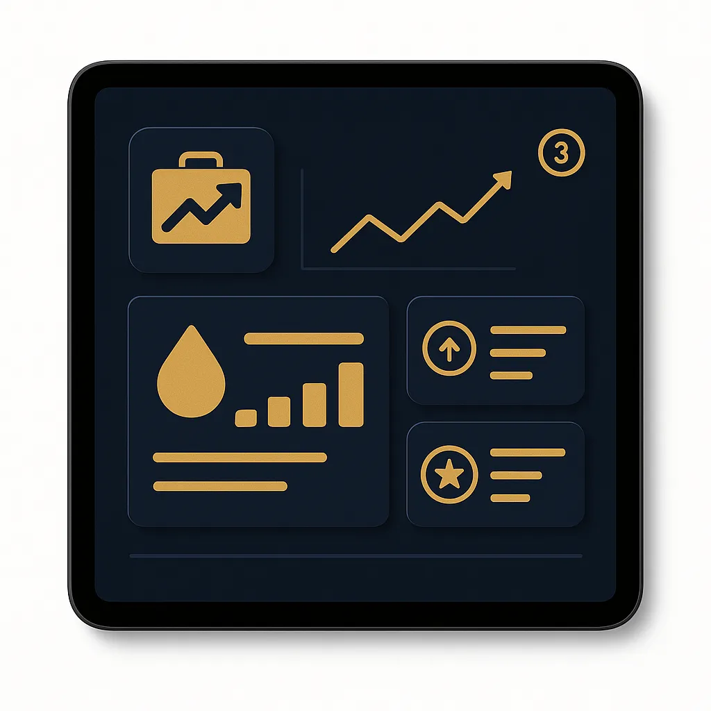 BrokerBoost app mockup inside a tablet, square composition