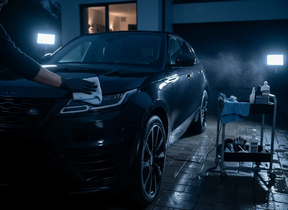 Luxury vehicle being detailed at night with reflections on paint