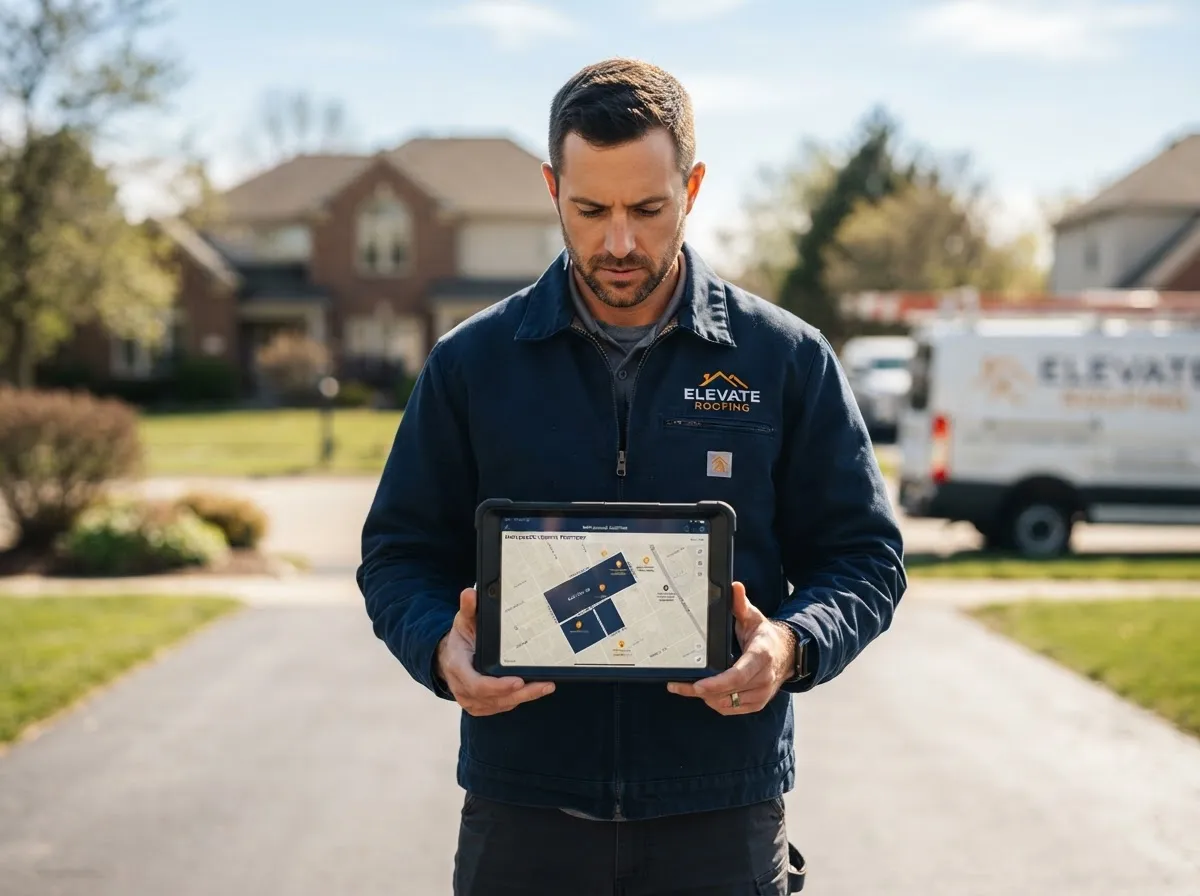 Roofing contractor reviewing hyper-targeted suburban territory map on tablet