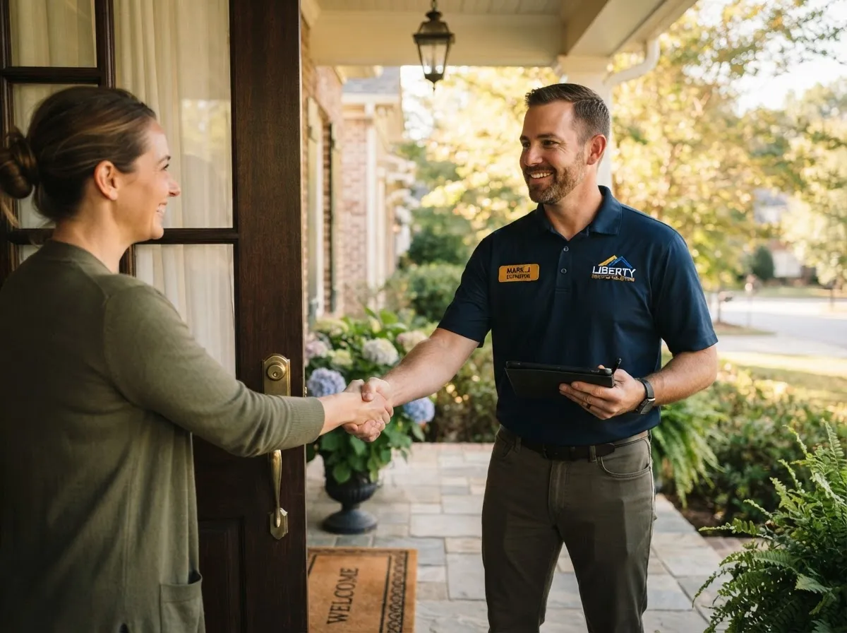Professional roofing estimator greeting qualified homeowner for scheduled inspection