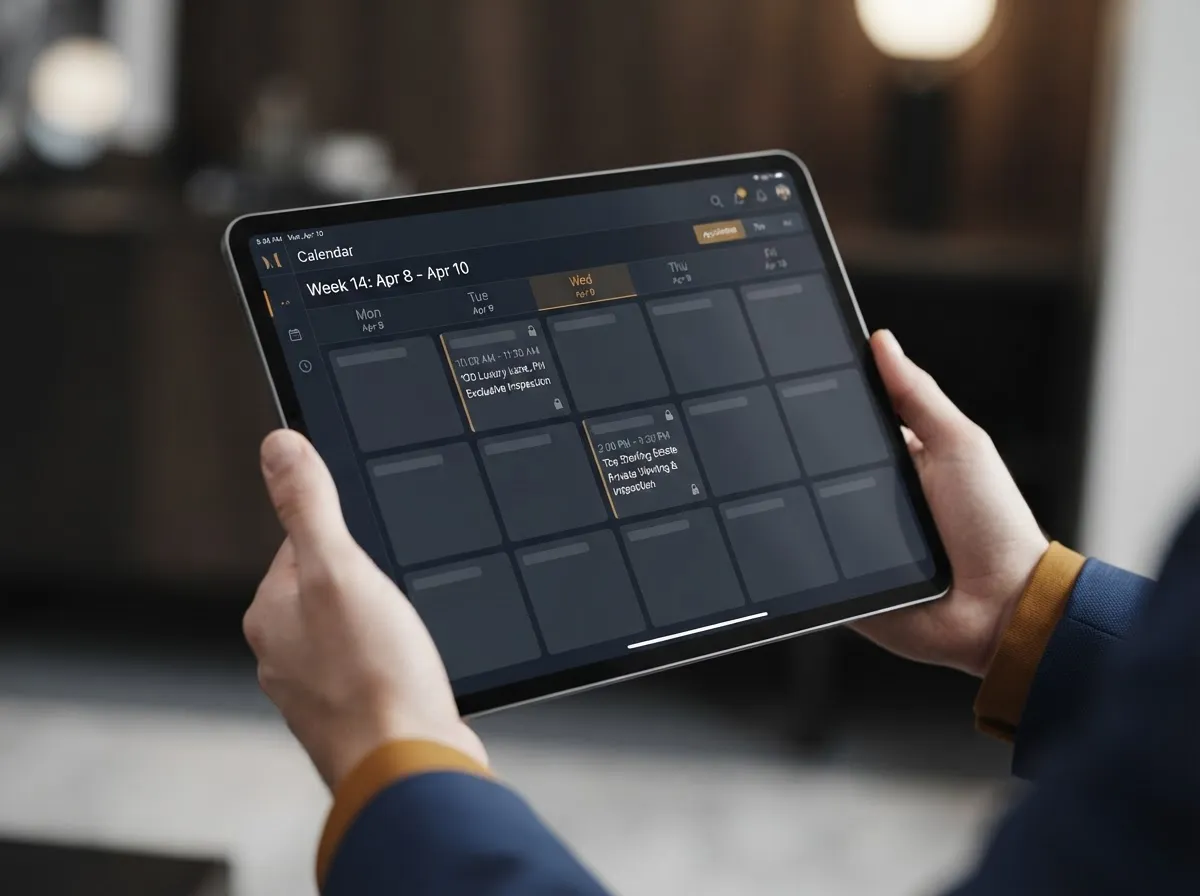 Synced digital calendar displaying locked exclusive inspection appointments for roofing team
