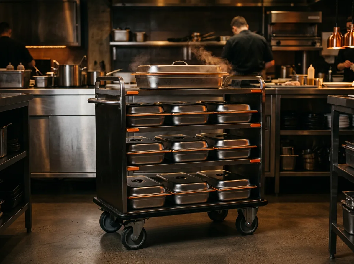 Commercial healthcare and campus meal cart loaded with covered hot food trays ready for patient delivery