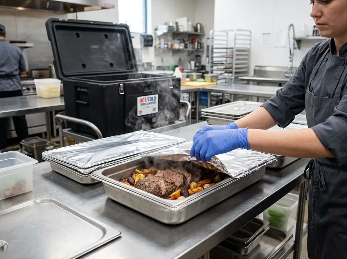 Off-site catering setup with a steaming hotel pan being prepared for drop-off transport (no flames or burners)