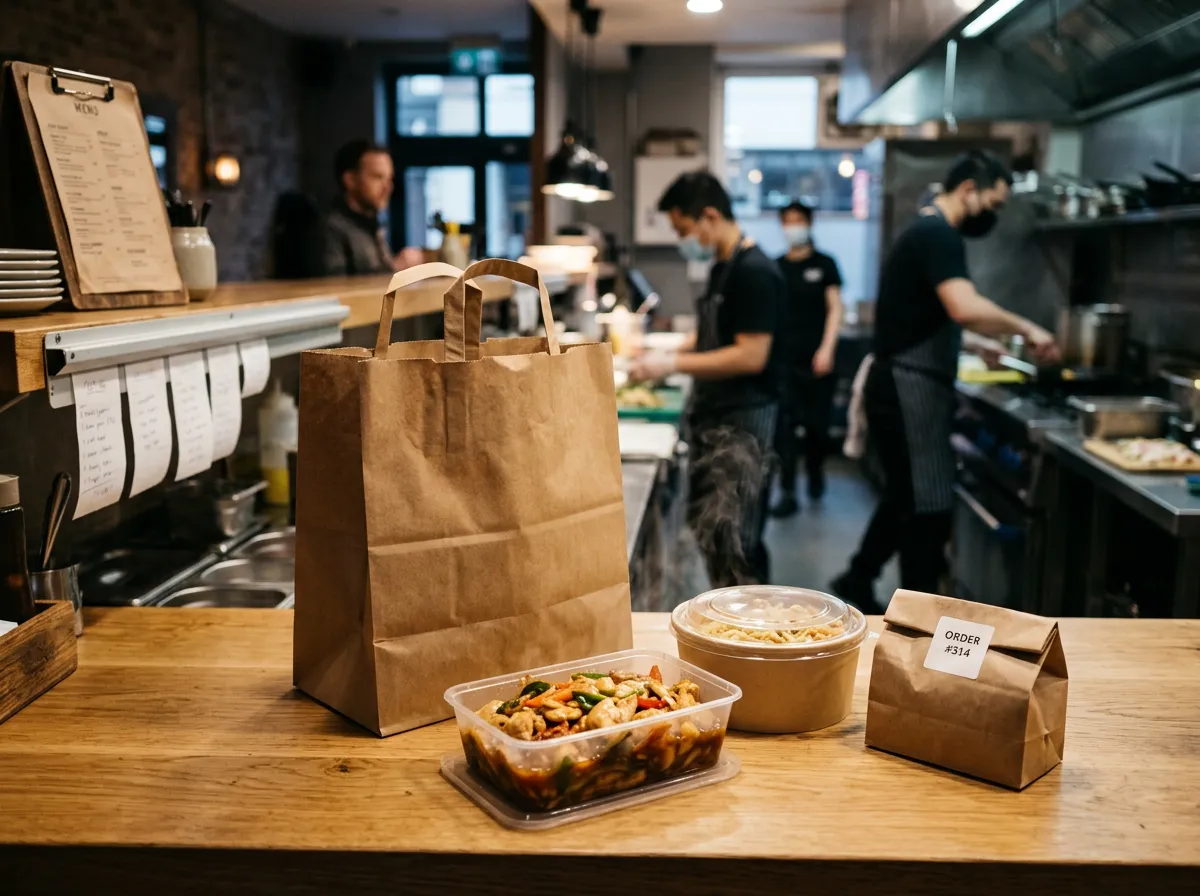 Unbranded takeout containers and a restaurant takeout bag with hot prepared food at a pickup counter