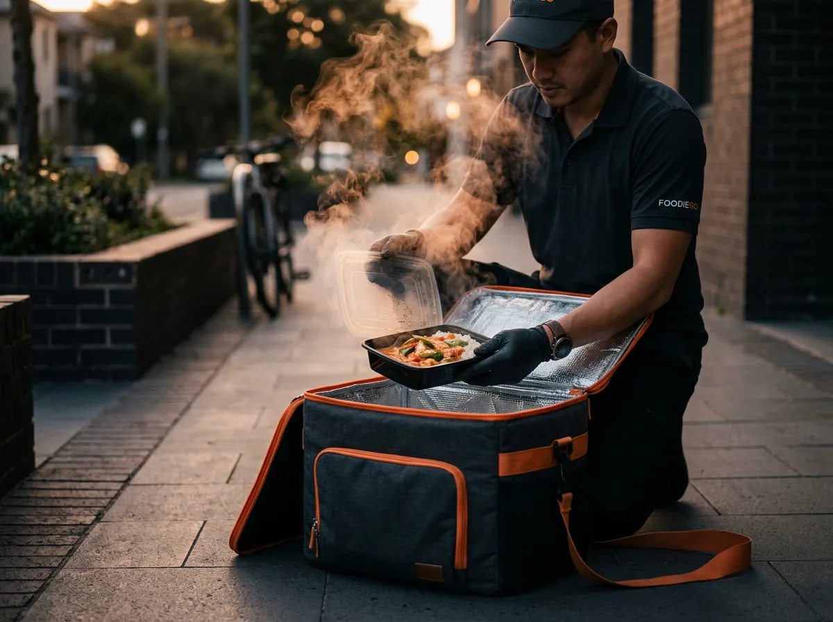 Food delivery driver placing steaming hot meal container into thermal insulated bag with heats pad