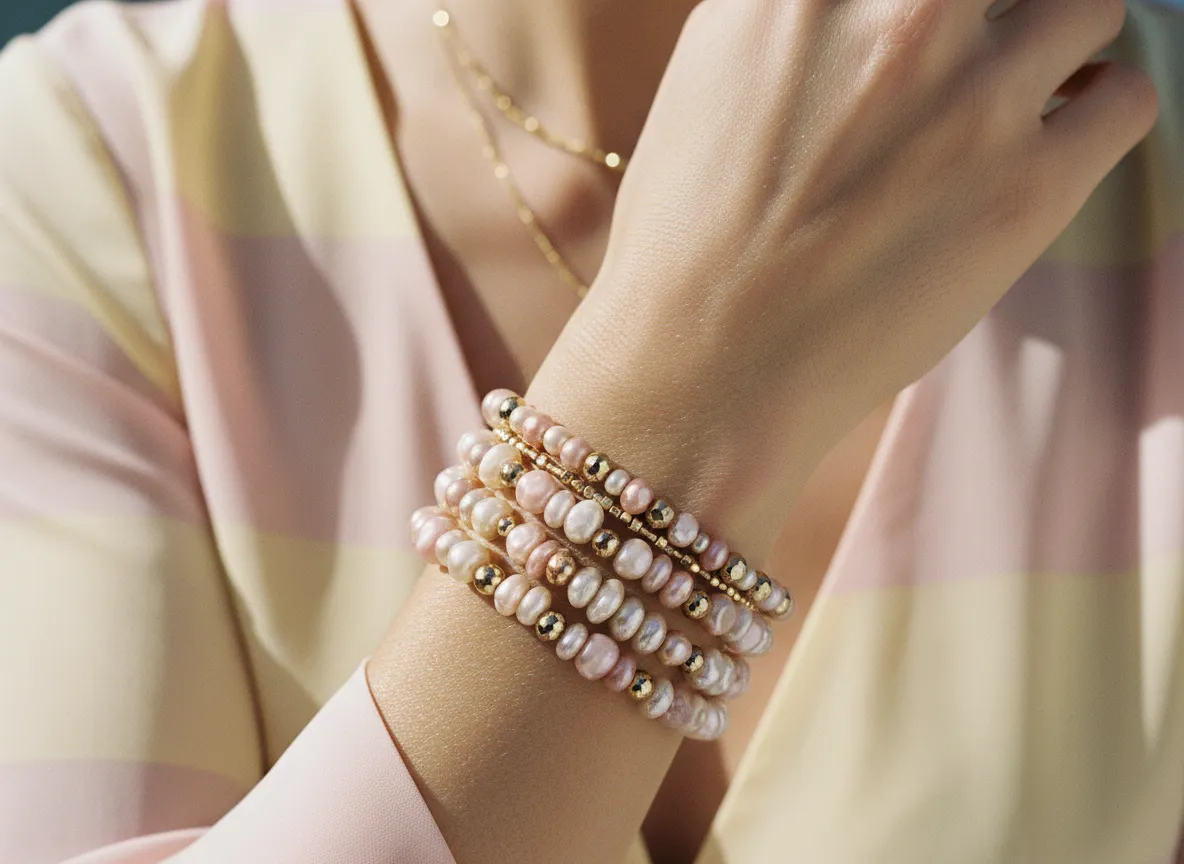 Soft feminine bead bracelet and necklace styling for Butter Blonde