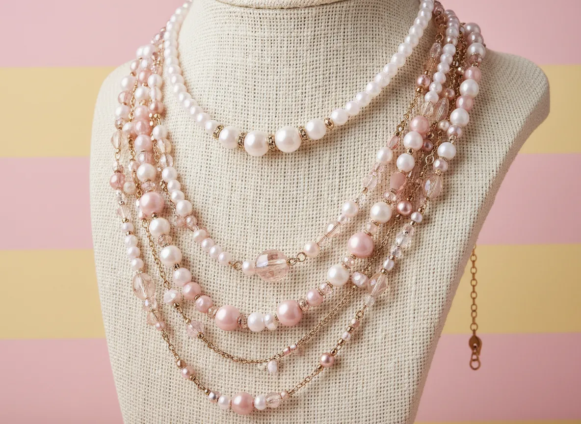 Layered bead necklaces in blush, cream, and gold tones