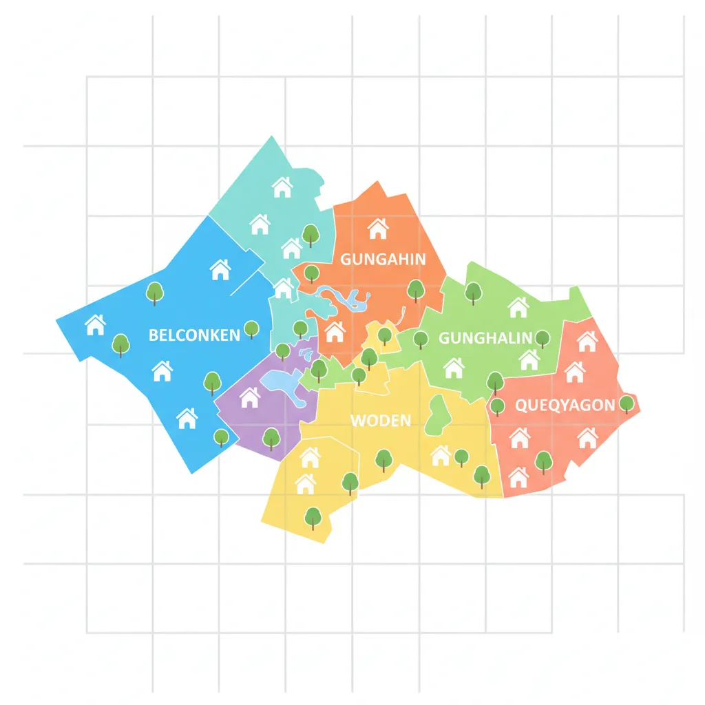 Detailed map illustration of Canberra with highlighted suburbs, showing service coverage, 1:1 aspect