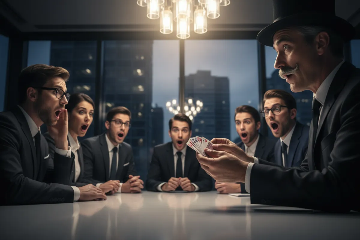 A close-up of Mr Magico performing a card trick for a group of business professionals, their faces lit with surprise, in a sleek corporate conference room with glass walls.