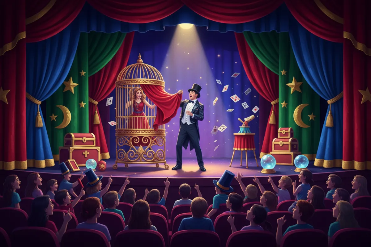 Mr Magico performing a grand illusion on stage, spotlighted, with a diverse audience of children and adults watching in awe. The background features vibrant stage curtains and magical props, all in a lively, colorful setting.