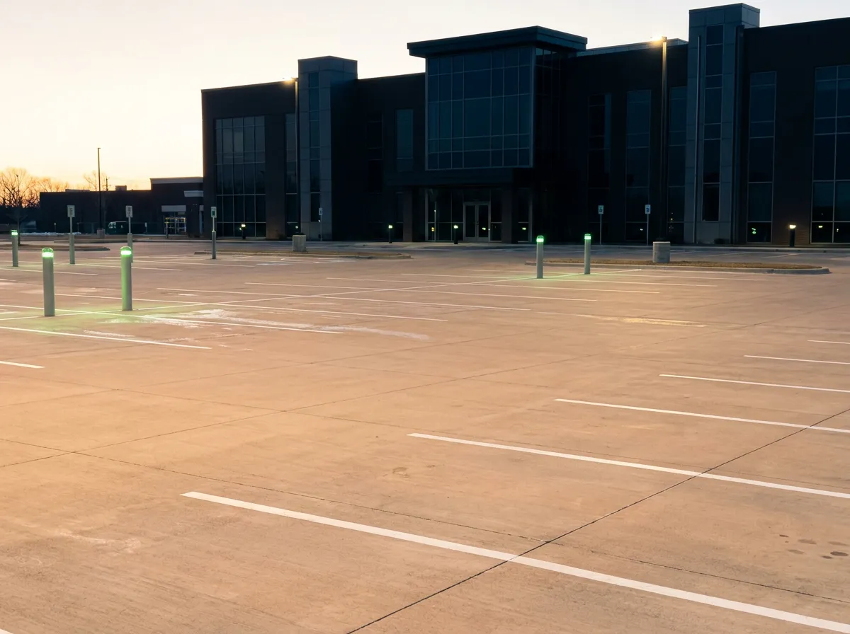 Pristine, dry commercial asphalt and de-iced concrete entrance at 7 AM sunrise ready for business opening