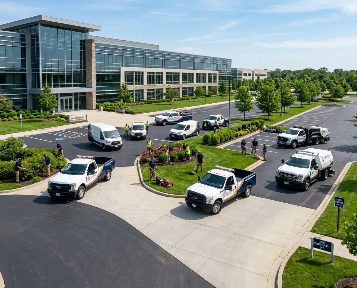 Commercial property maintenance fleet servicing a large facility lot and landscape