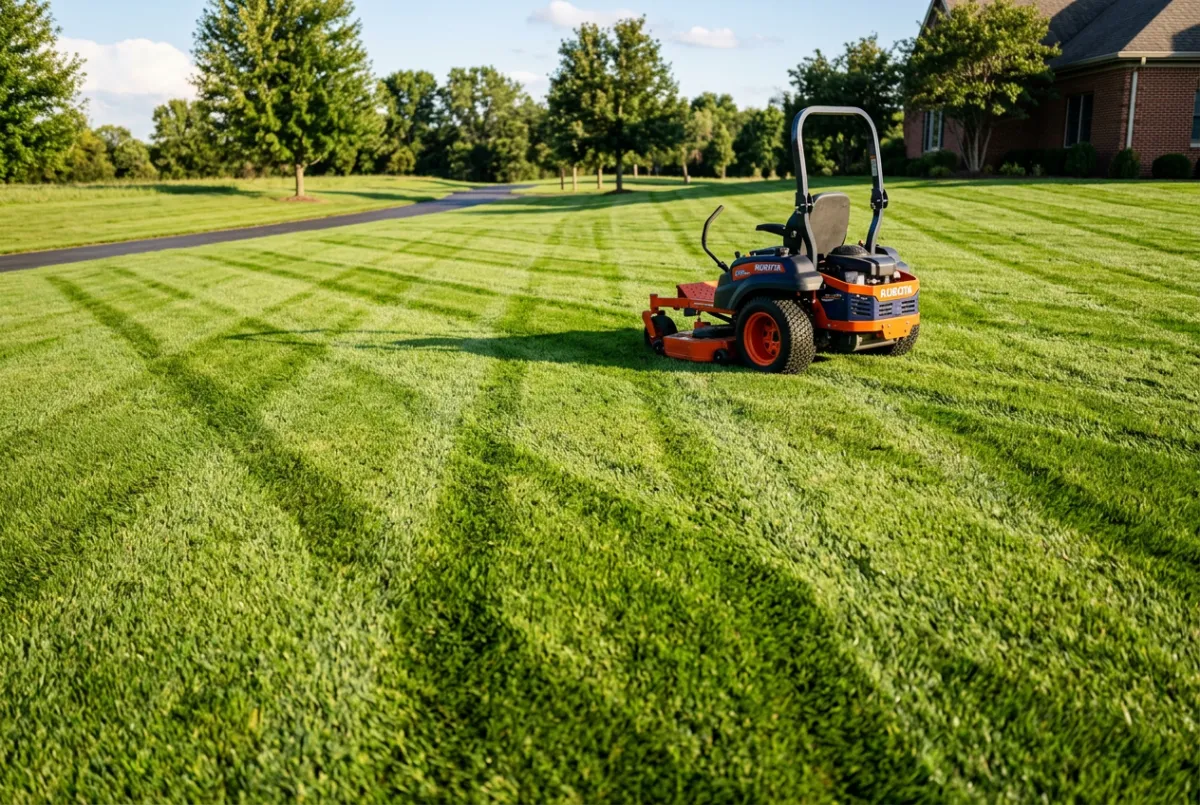 Commercial zero-turn mowers striping pristine corporate turf grounds