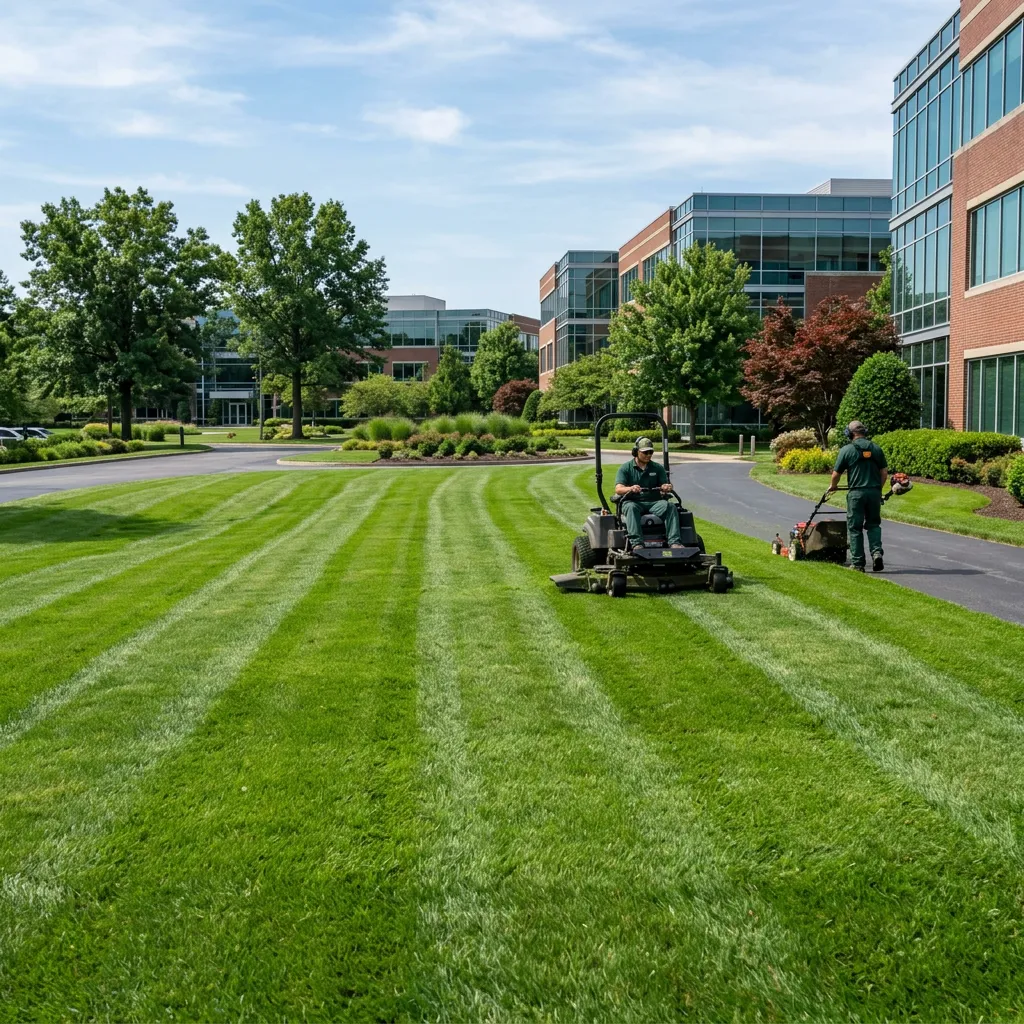 Commercial property lawn maintenance and grounds care turf mowing
