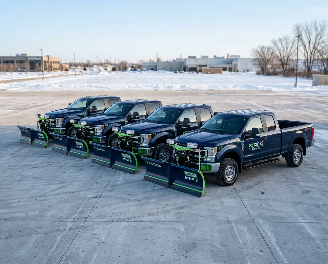 Alexander & Sons commercial snow removal 4-truck fleet lined up in Fox Cities, Wisconsin