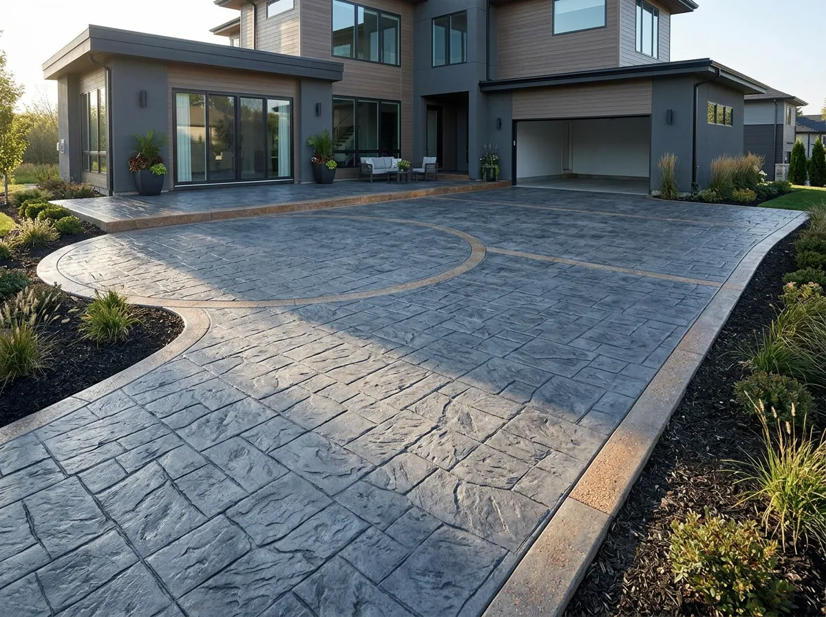 Finished residential stamped concrete patio and spacious driveway with architectural edging