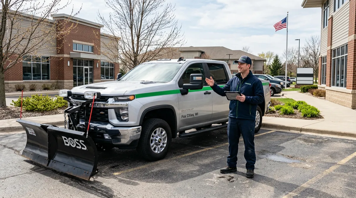 Commercial-grade property services equipment lineup (snow, concrete, and lawn care) — generic, unbranded.