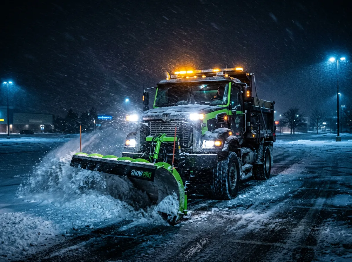 Commercial heavy-duty truck plowing snowy commercial parking lot at 3 AM under bright site lighting