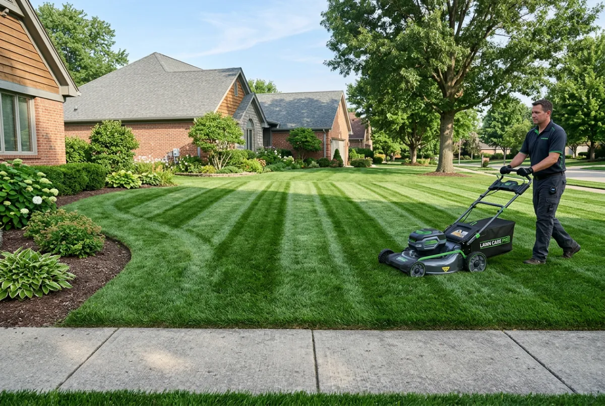 Impeccably maintained suburban residential lawn with clean sidewalks and sharp edging in Wisconsin