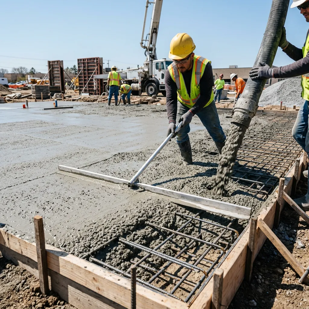 Commercial concrete flatwork pouring and finishing on a jobsite
