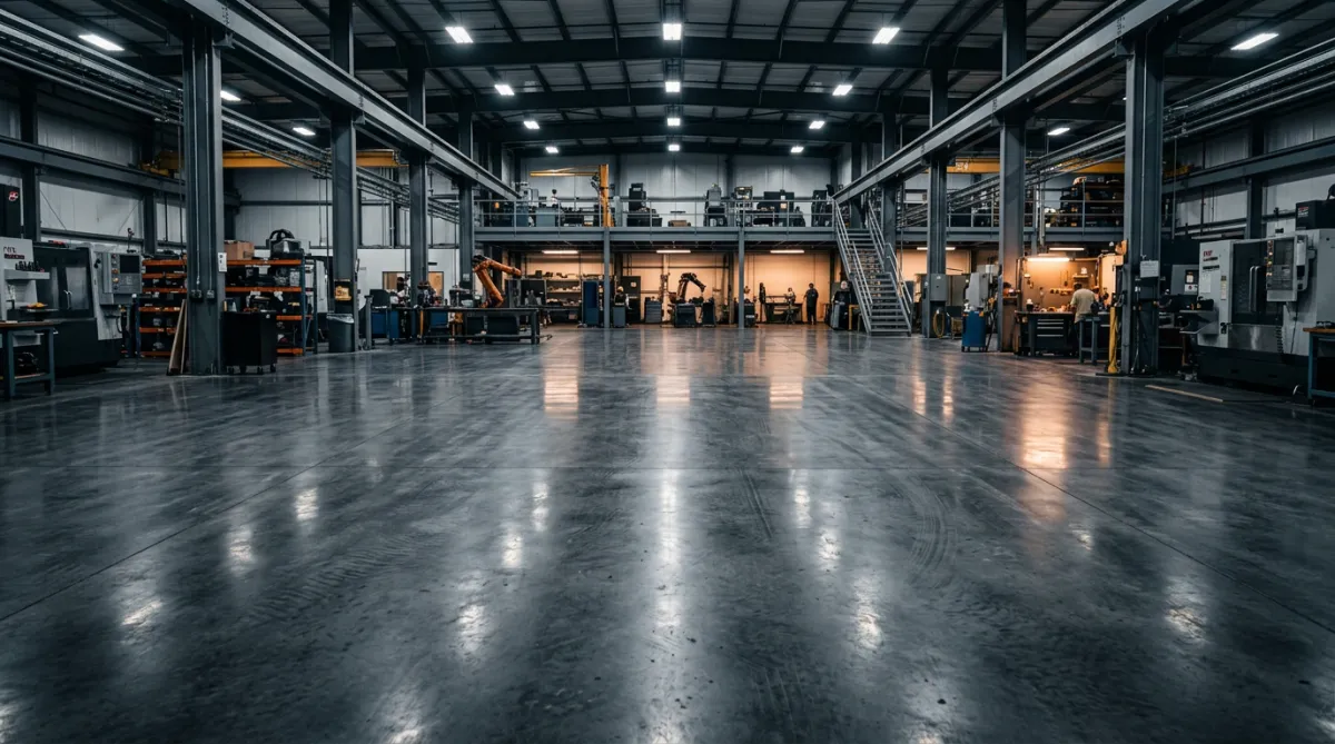 Heavy-duty finished and sealed concrete floor in industrial workshop