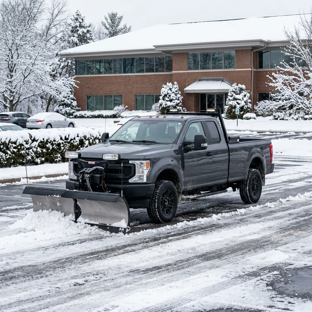 Unbranded pickup truck with snow plow in a winter service setting