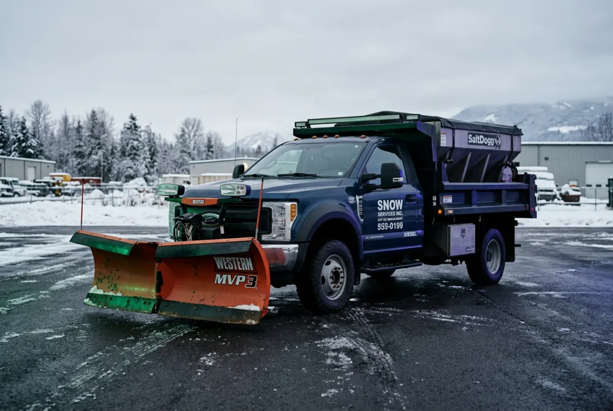 Commercial snow plowing and ice management equipment operating on asphalt lot