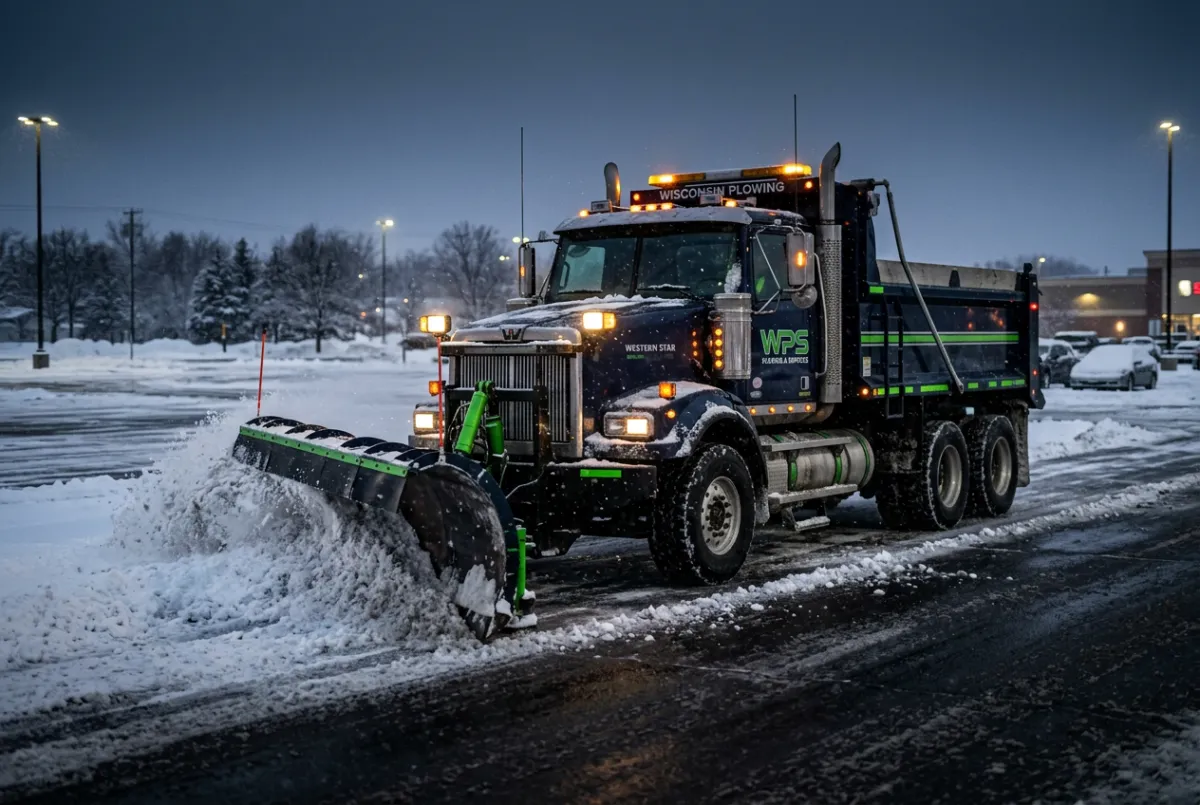 Commercial snow plow clearing a Wisconsin parking lot at dawn