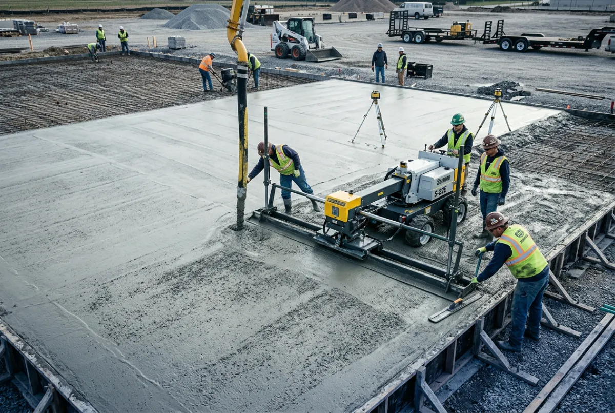 Commercial concrete flatwork pouring and laser screed finishing