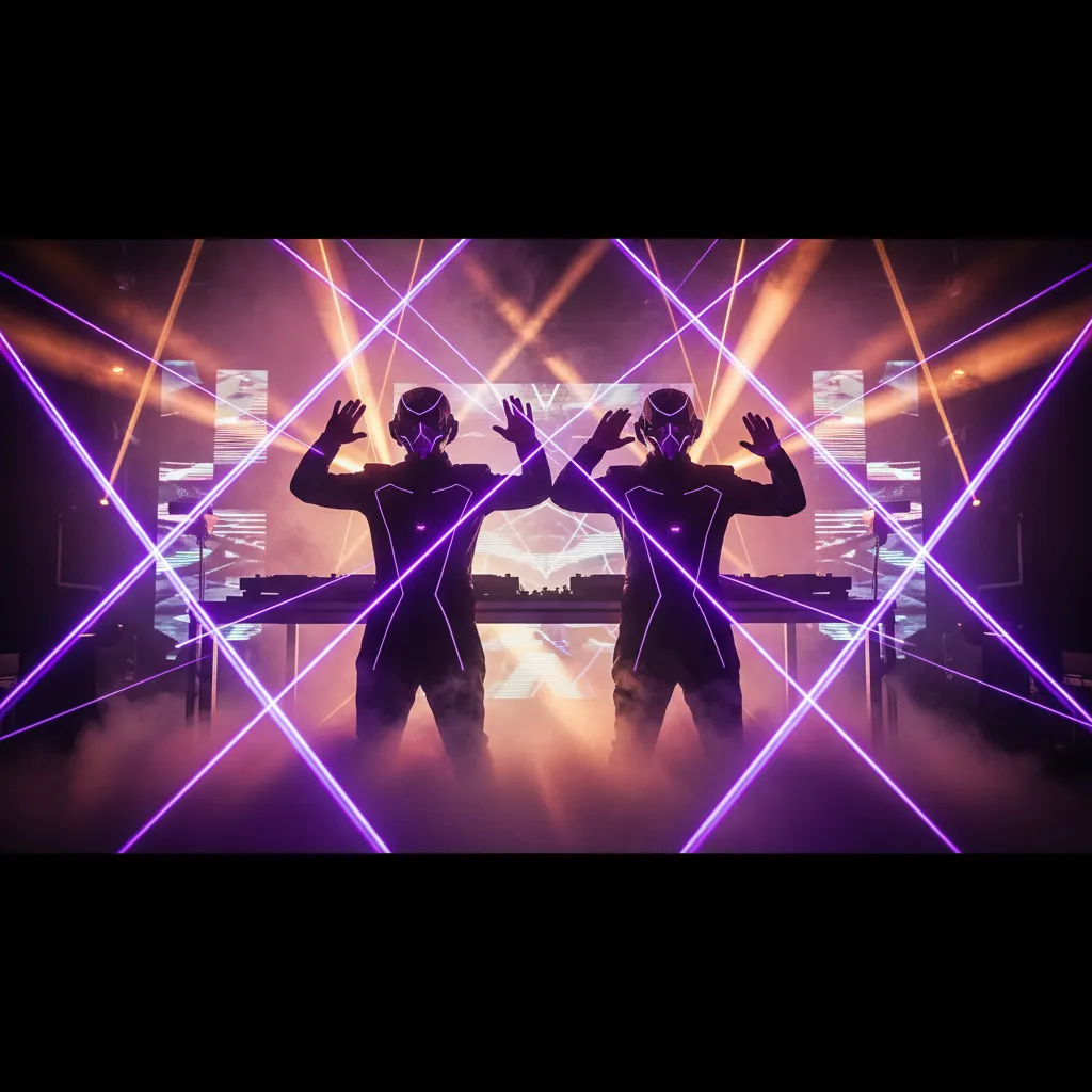 Electronic duo The Neon Syndicate amidst laser lights