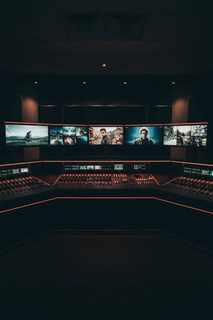 Post-production editing suite monitors and mixing board