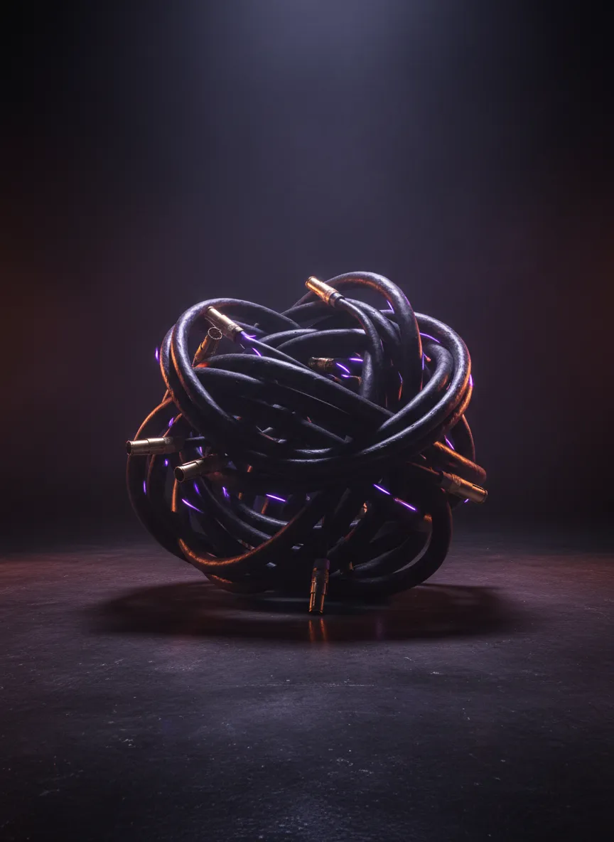 Conceptual gritty high contrast image of tangled cables and raw production noise