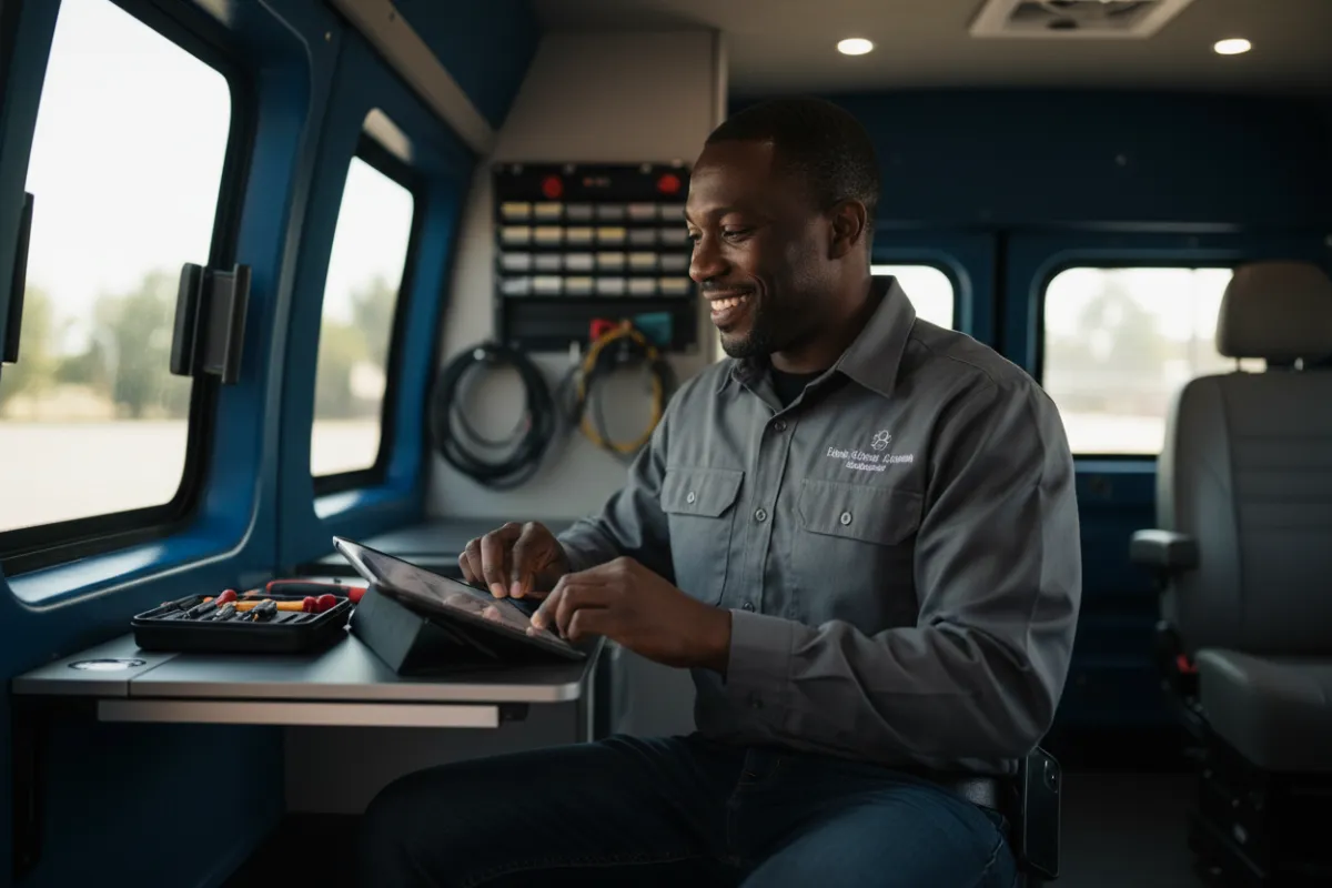 Happy Black man working in a calm professional mobile service workspace