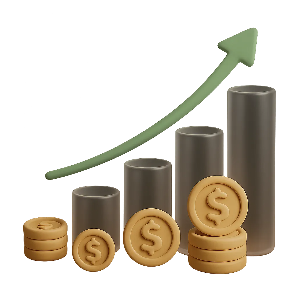 3D render cutout of geometric financial symbols, translucent growth cylinders, and modern wealth emblems in calm forest green and warm clay tones