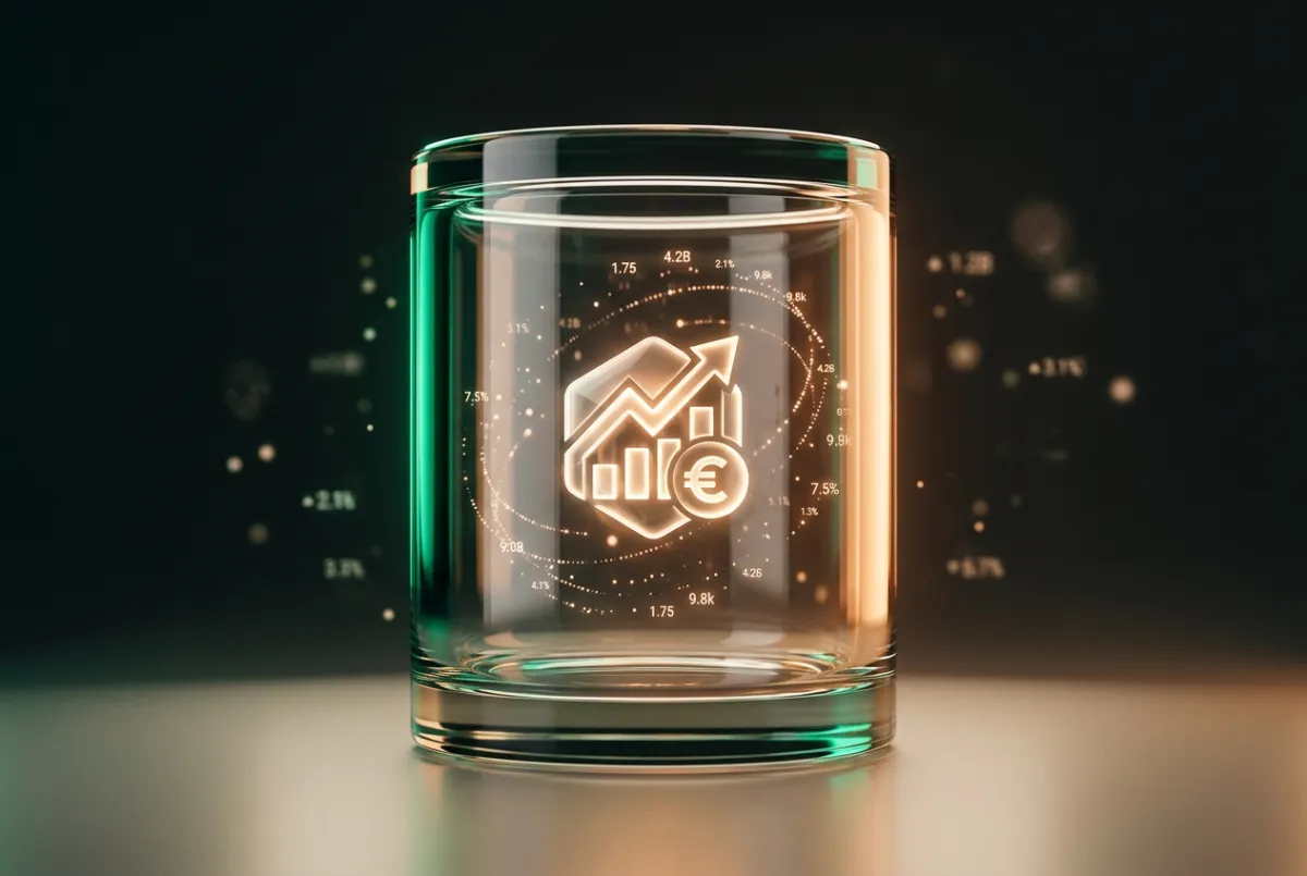 3D translucent glass cylinder with floating financial indicator