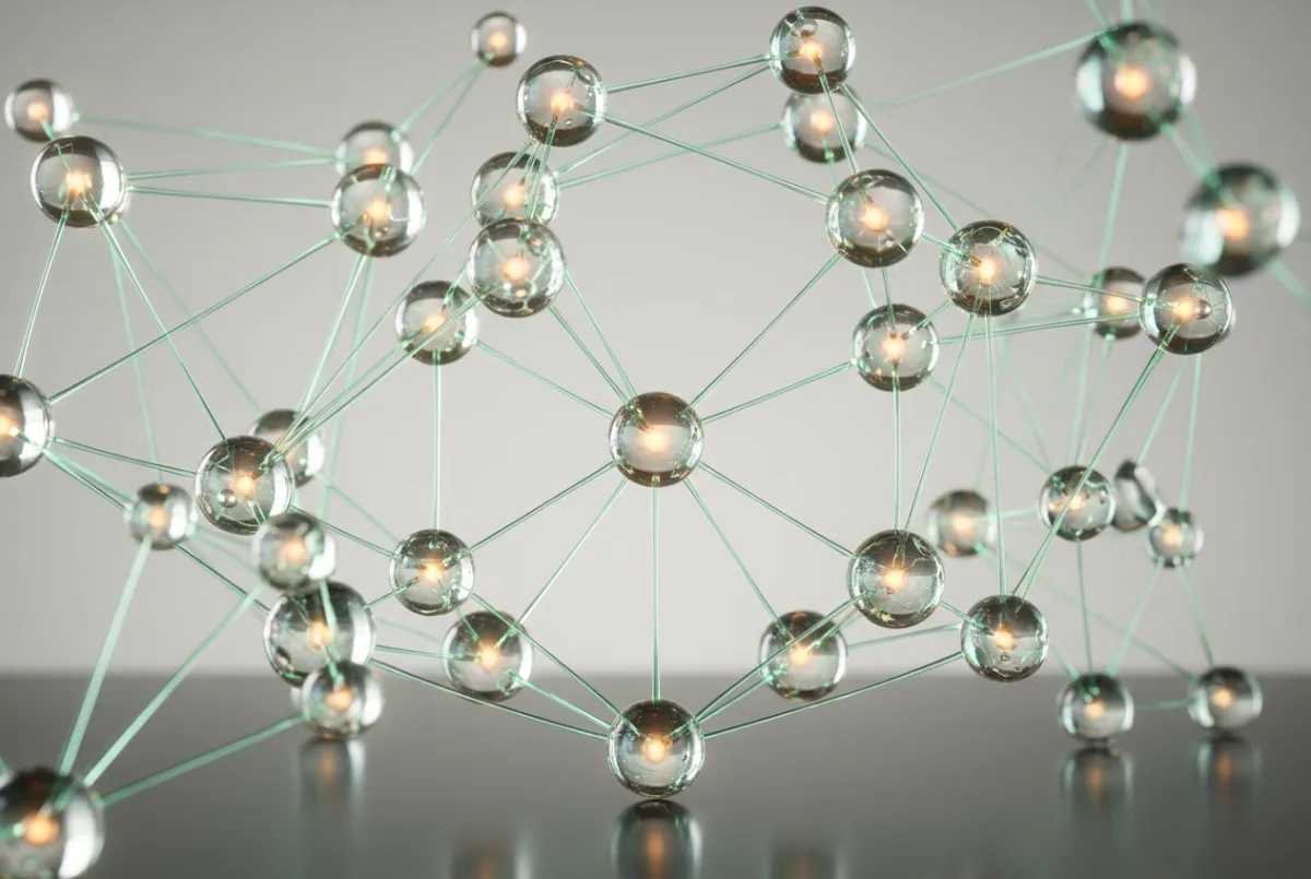 3D translucent glass sphere network linking verified investors