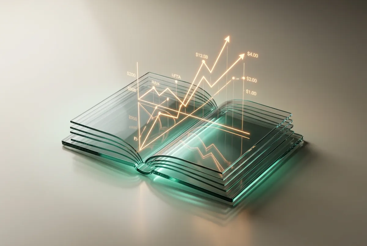 3D translucent glass financial ledger with glowing growth chart