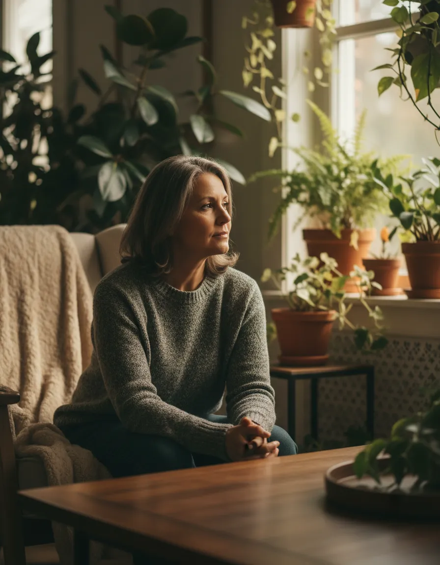 Calming lifestyle portrait of an older woman looking thoughtful and at peace