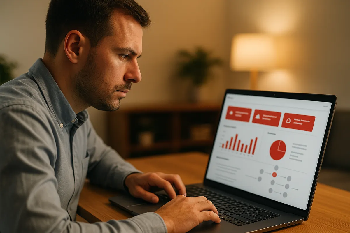 Credit analyst reviewing fraud alert dashboard on laptop