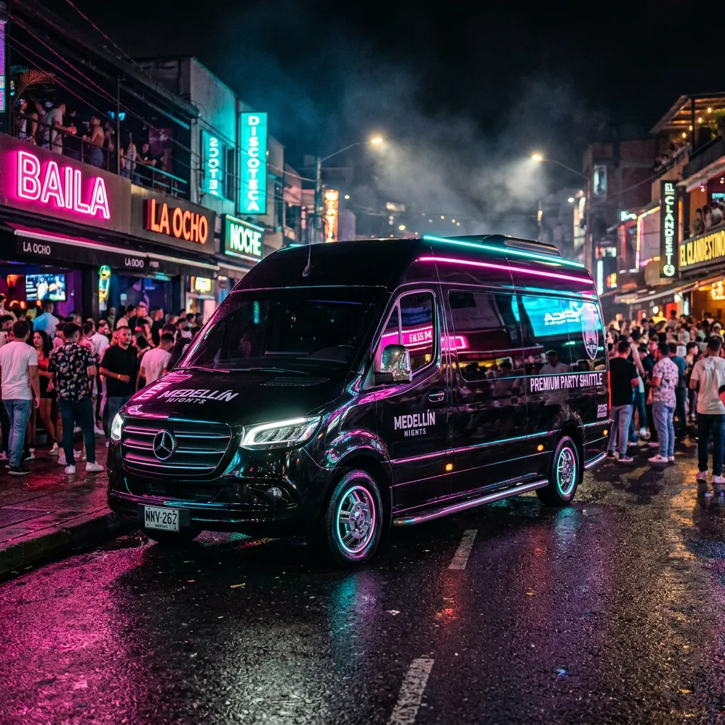 VIP night party bus and festival transport cruising through Medellín nightlife