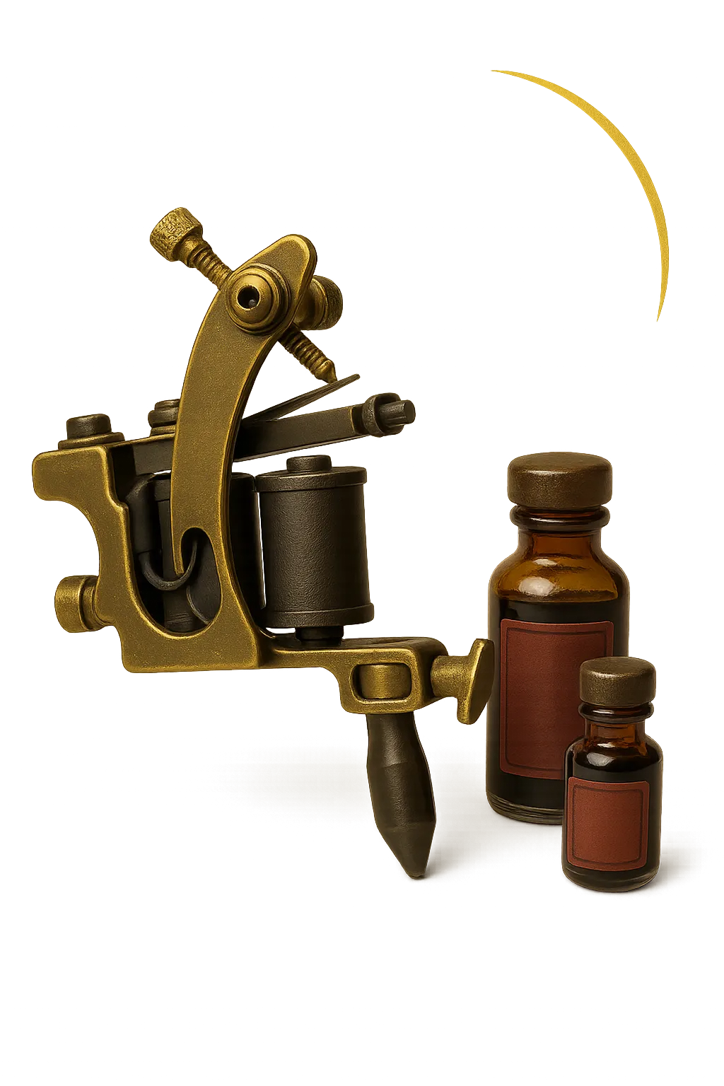 Vintage tattoo machine and ink bottles cutout in gold tint