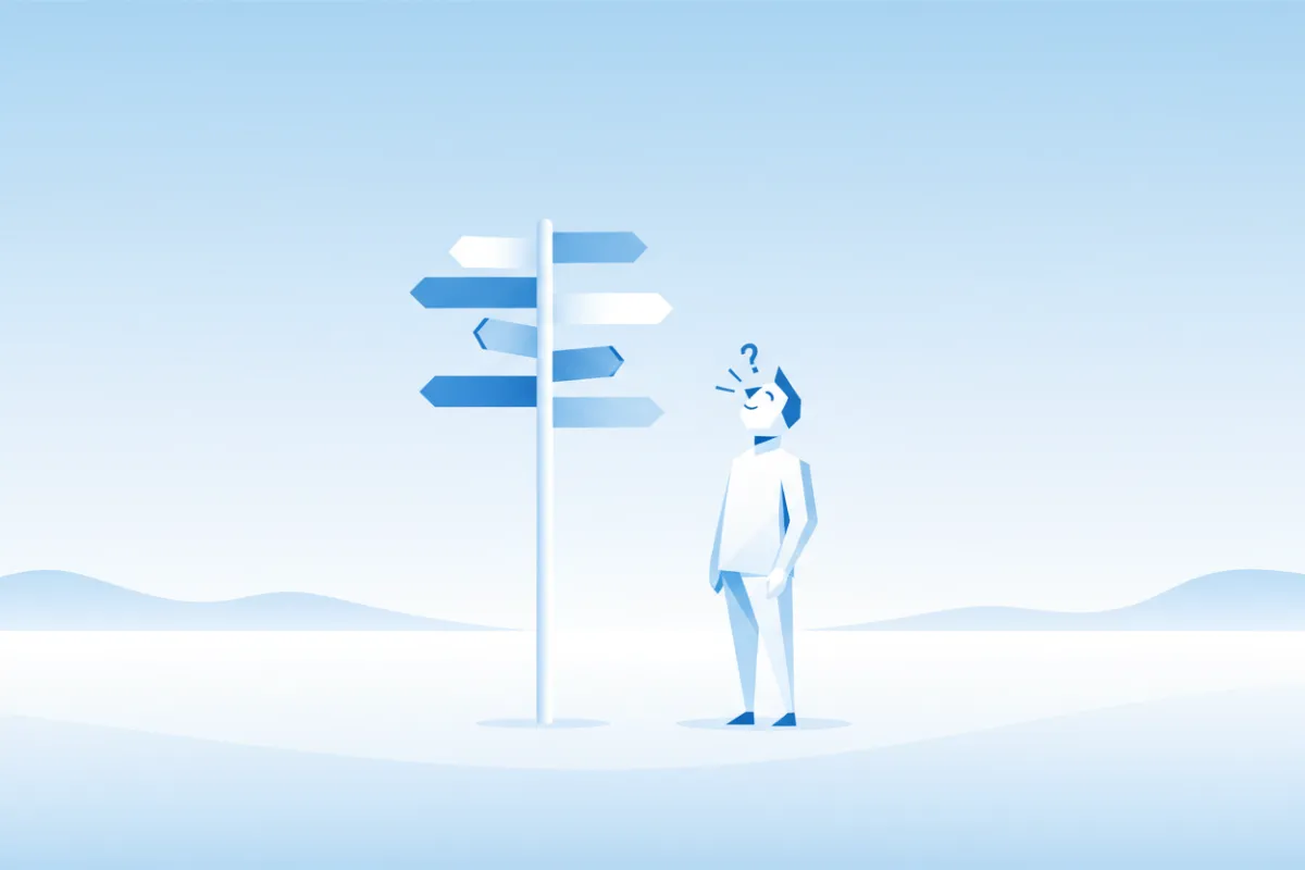 Abstract illustration of a lost traveler in a bright, minimal landscape, looking at a signpost with multiple arrows, evoking a sense of confusion but hope. The style is flat, modern, and uses blue and white tones.