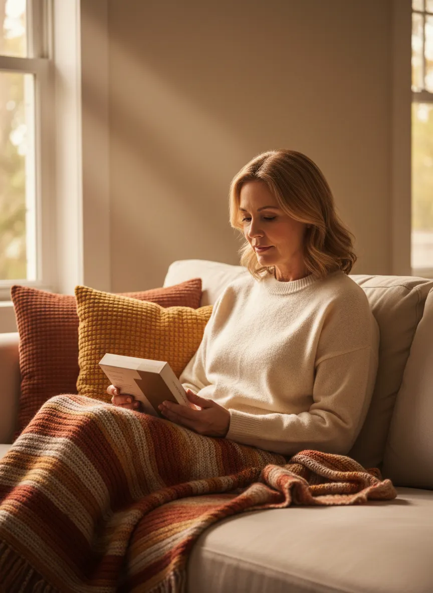A mature individual comfortably reviewing a health package at home, reflecting convenience and accessibility.