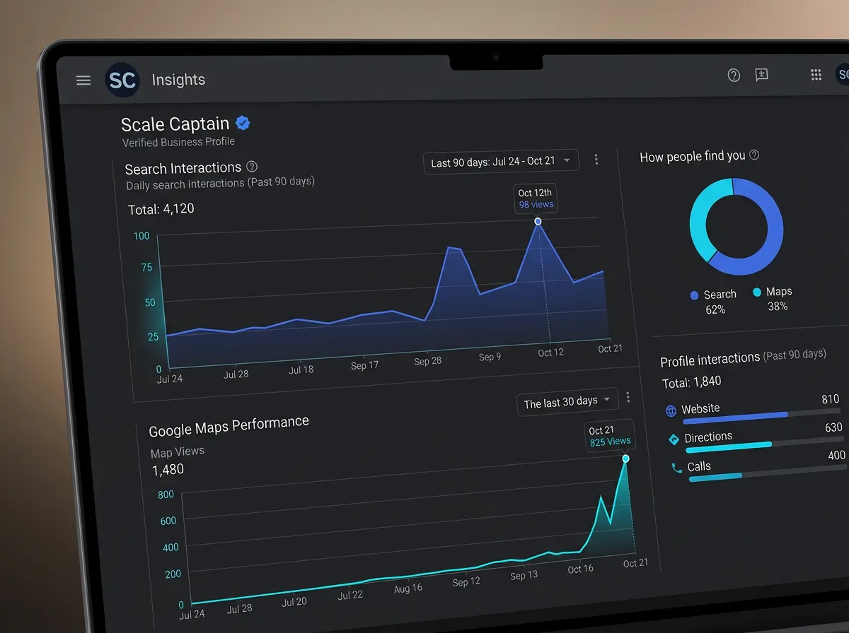 Verified Google Business Profile Insights console showing 90-day search interactions and map view surge