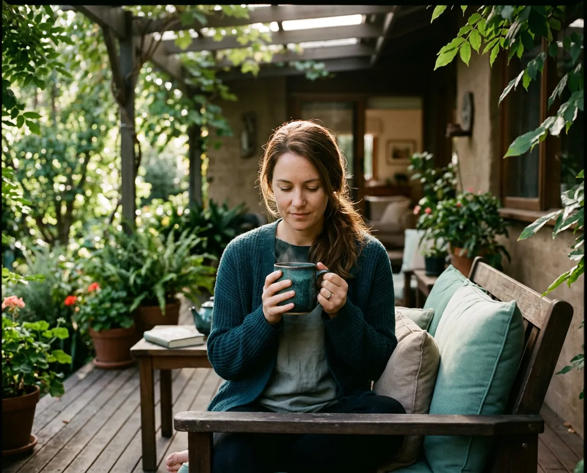 Warm candid moment of an individual sitting comfortably at home, drinking tea with complete peace of mind