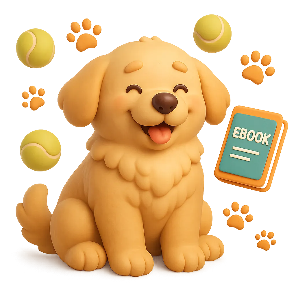3D digital render of a happy, fluffy golden retriever puppy sitting obediently, a colorful eBook floating slightly above its paws.