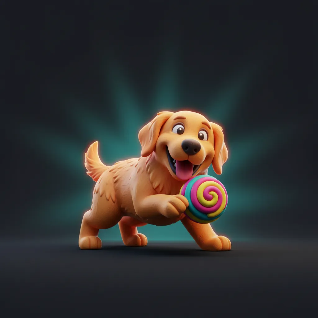Happy 3D digital art dog playing with a toy