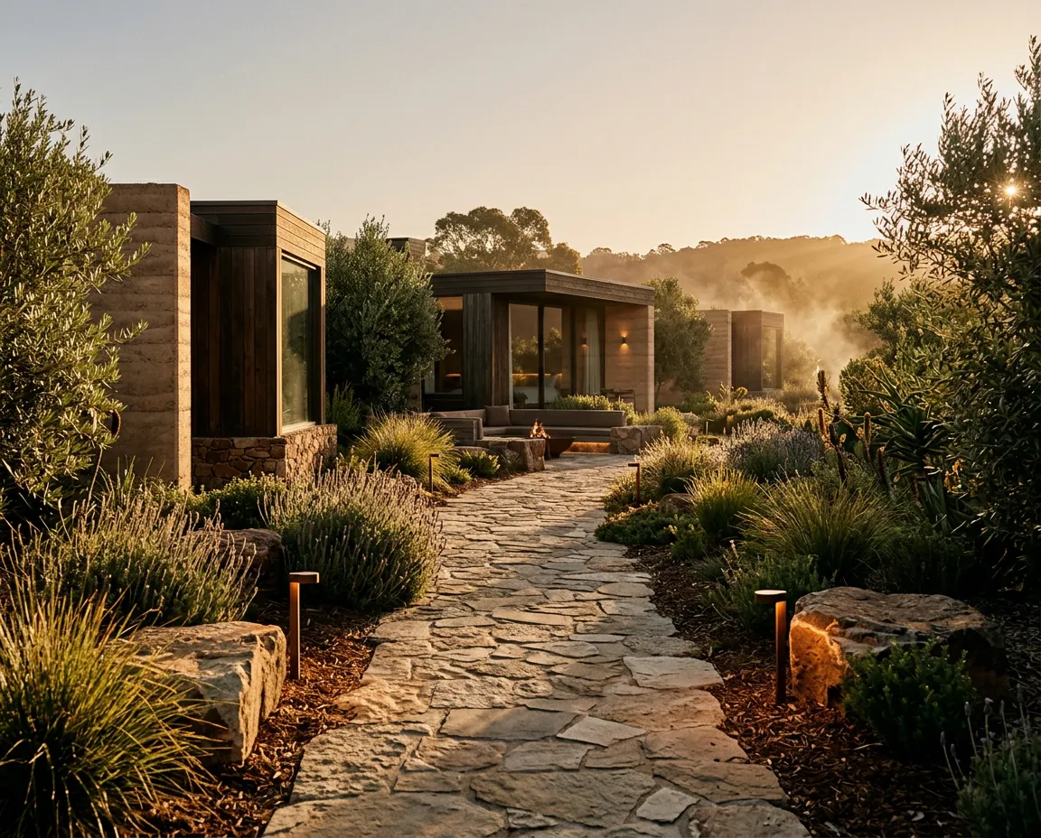 Sunlit tranquil retreat grounds surrounded by serene nature and luxury architectural elements
