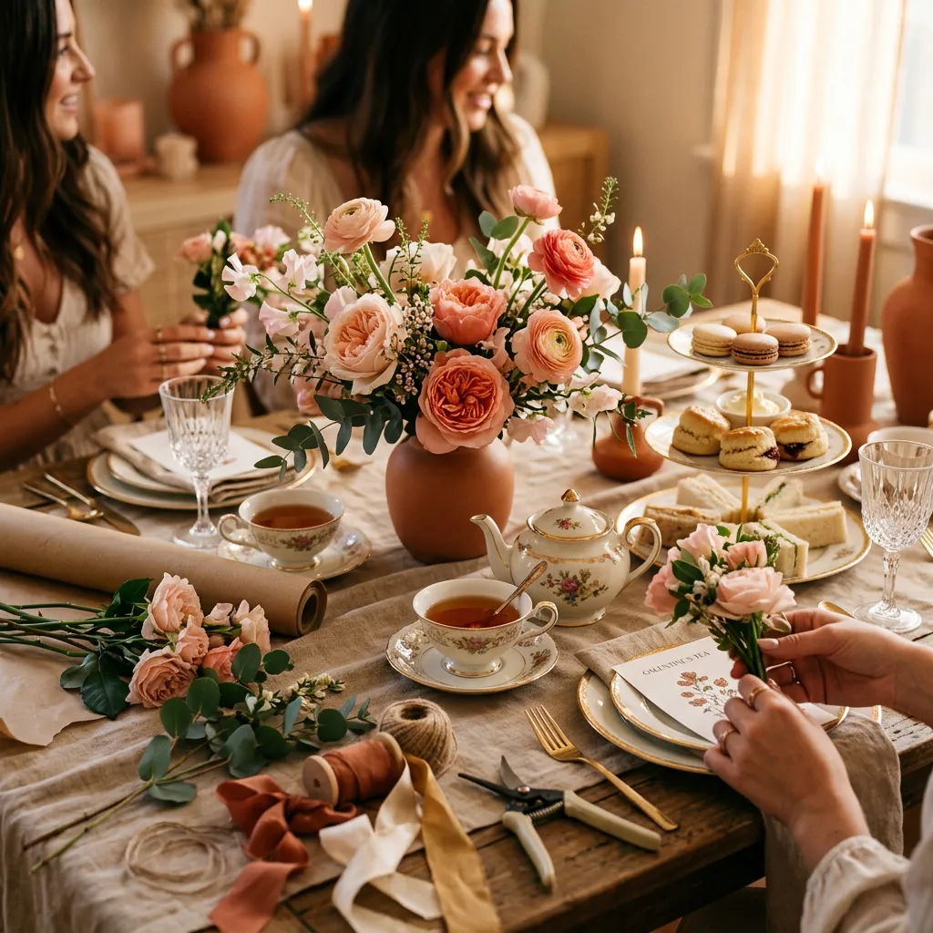 Luxury Galentine's high tea setting with porcelain cups, fresh blush florals, and artisanal botanical bouquet materials